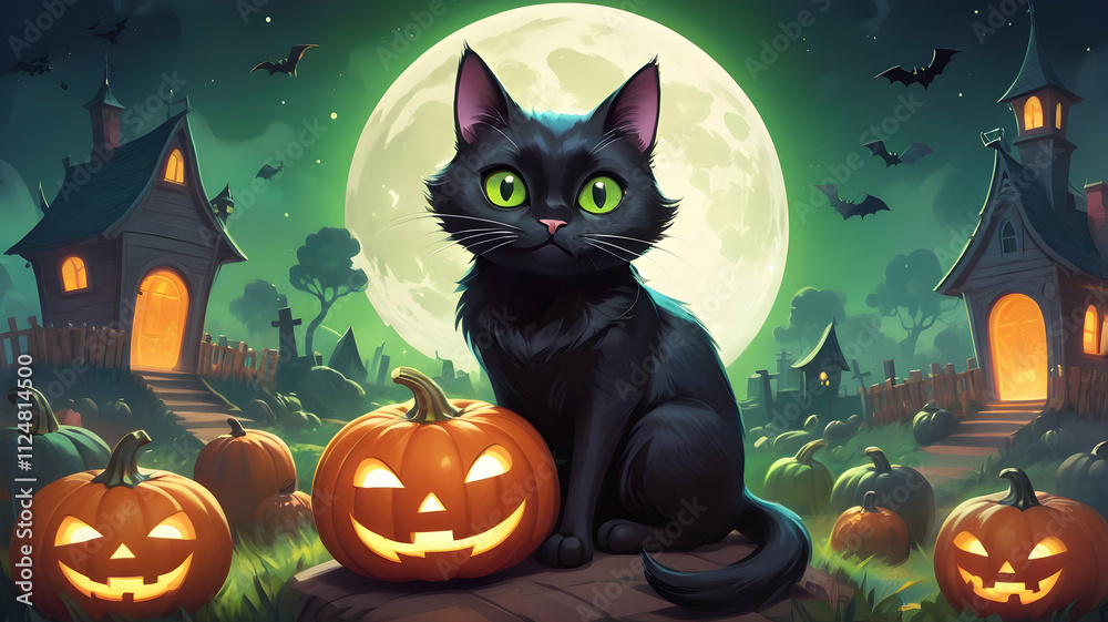 Halloween Night: A Black Cat and Jack-o'-lanterns under a Harvest Moon