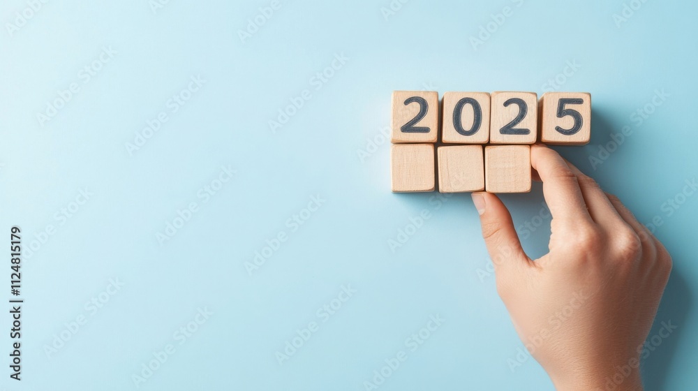 Close-up of a hand adjusting wooden blocks forming 2025 on a light blue background symbolizing new beginnings Close-up of a hand adjusting wooden blocks forming 2025 on a light blue background symbolizing new beginnings