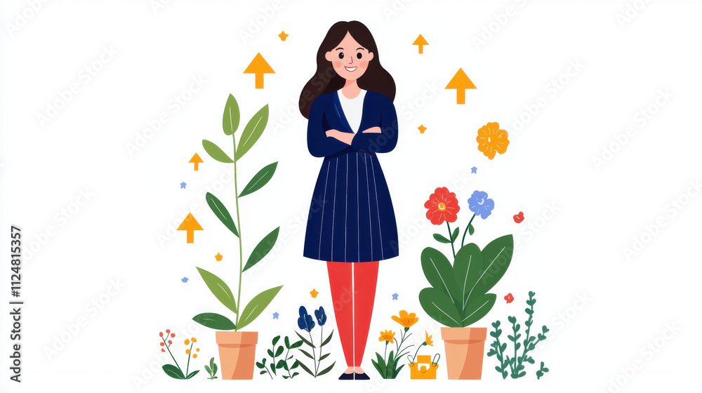 woman stands confidently among vibrant plants and flowers, symbolizing growth and positivity woman stands confidently among vibrant plants and flowers, symbolizing growth and positivity