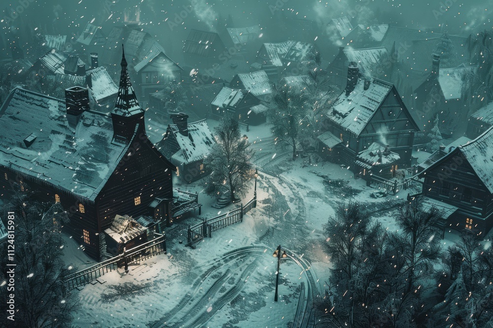 Snow-covered urban neighborhood with frosty houses and white, quiet streets Snow-covered urban neighborhood with frosty houses and white, quiet streets