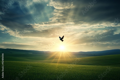 Beautiful sunset with a bird soaring in sky. photo