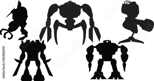 Robots silhouette in white background, Scientific robots set,Robots and droids silhouettes, black vector cyborgs,Artificial intelligence androids and humanoids with arms, legs