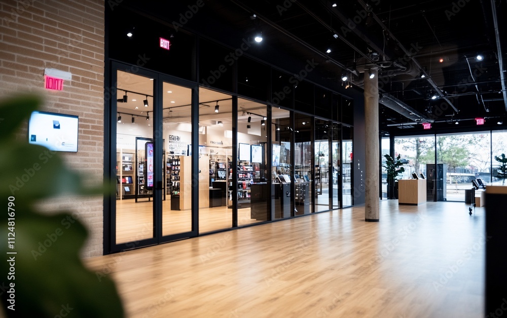 Modern retail store interior with glass walls, wood floors, and product displays. Modern retail store interior with glass walls, wood floors, and product displays.