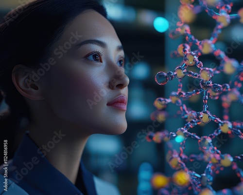 Focused woman analyzing molecular anatomy with animated 3D particles, vivid lab environment, anatomy  lab, cellularlevel research photo