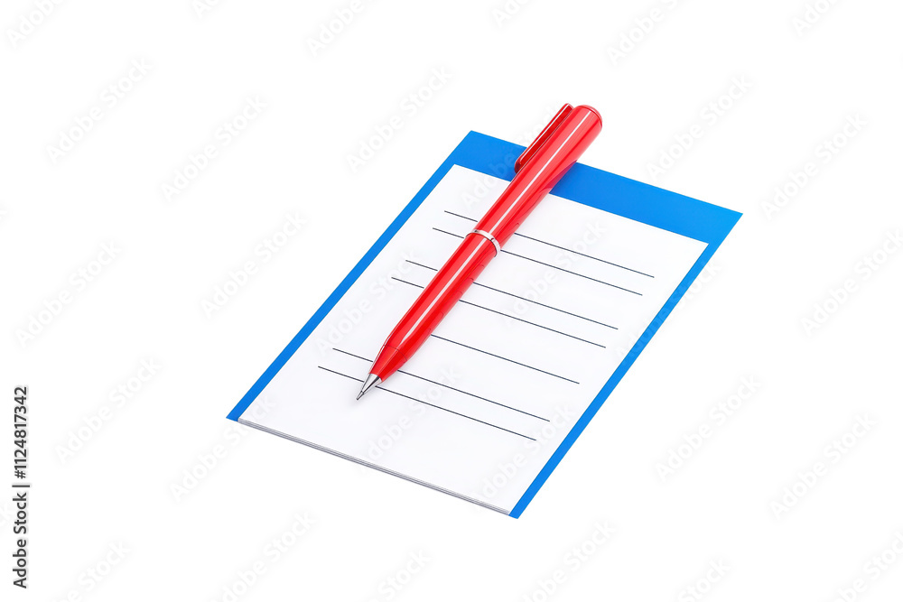 A red pen rests on a lined notepad with a blue top, ready for writing and note-taking. A red pen rests on a lined notepad with a blue top, ready for writing and note-taking.