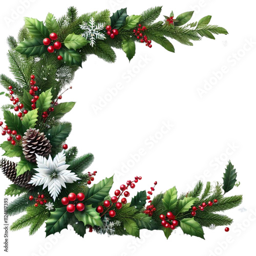 Elegant Christmas Border with Green Fir Branches, Holly, and Red Berries – PNG Transparent Background for Festive Designs