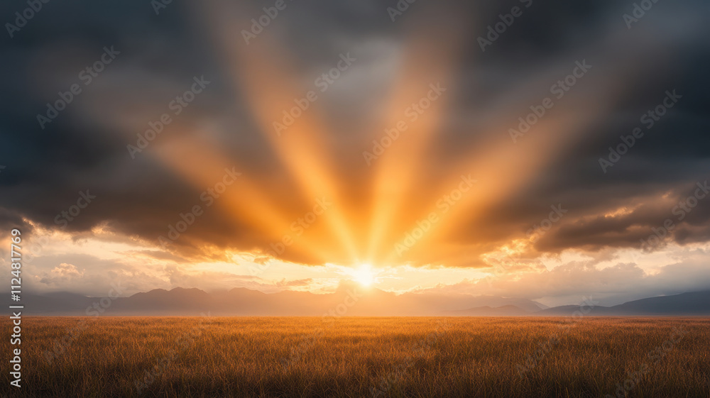 Fototapeta premium stunning sunrise with sunlight breaking through storm clouds over field