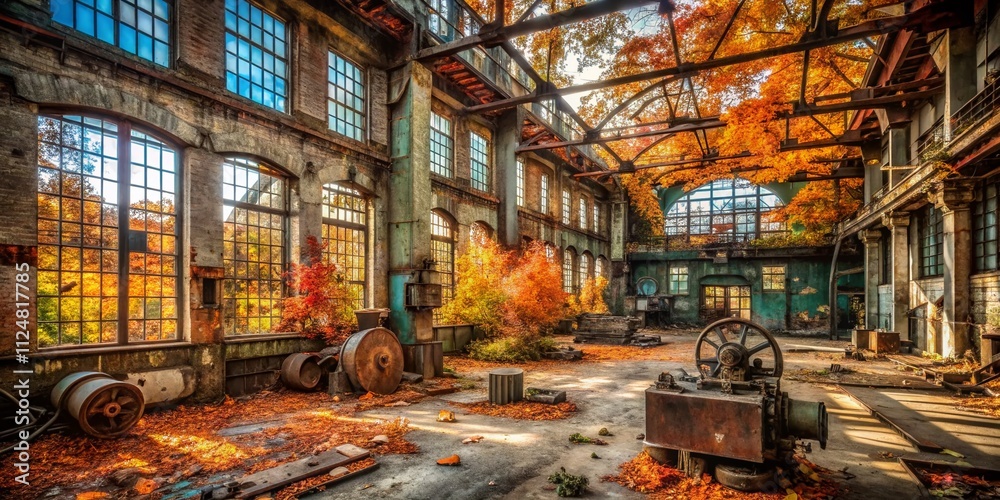 Candid Photography of an Abandoned Factory Interior Showcasing Rusty Machinery Surrounded by Vibrant Fall Foliage and Nature's Resilience Amidst Industrial Decay Candid Photography of an Abandoned Factory Interior Showcasing Rusty Machinery Surrounded by Vibrant Fall Foliage and Nature's Resilience Amidst Industrial Decay