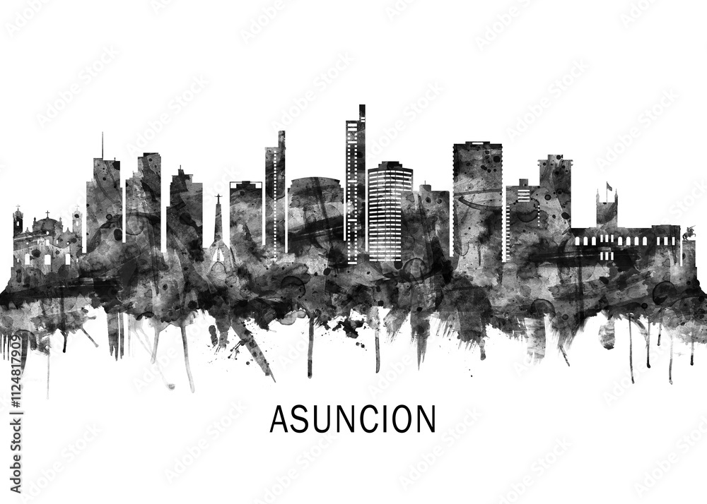 Asuncion Paraguay Skyline BW ,city landscape banner district business print painting watercolor Asuncion Paraguay Skyline BW ,city landscape banner district business print painting watercolor