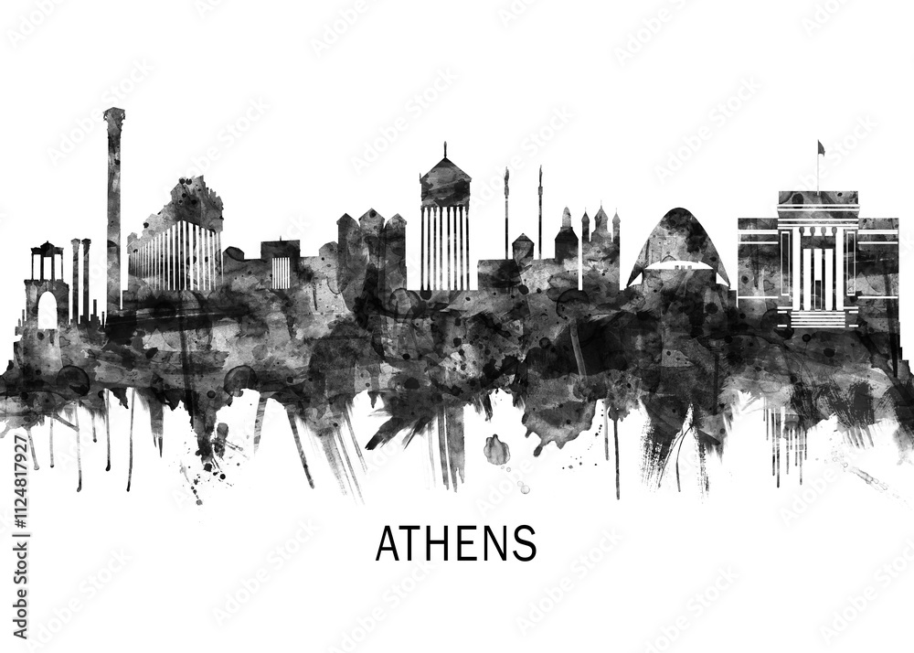 Obraz premium Athens Greece Skyline BW ,city landscape banner district business print painting watercolor