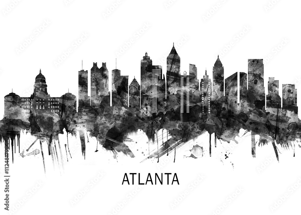 Naklejka premium Atlanta Georgia Skyline BW ,city landscape banner district business print painting watercolor