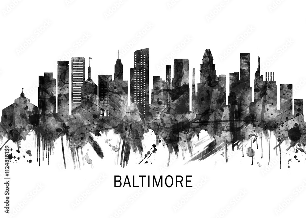 Baltimore Maryland Skyline BW ,city landscape banner district business print painting watercolor