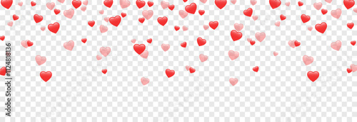 Vector red hearts png. Falling hearts on isolated transparent background. Valentine's day background with hearts.