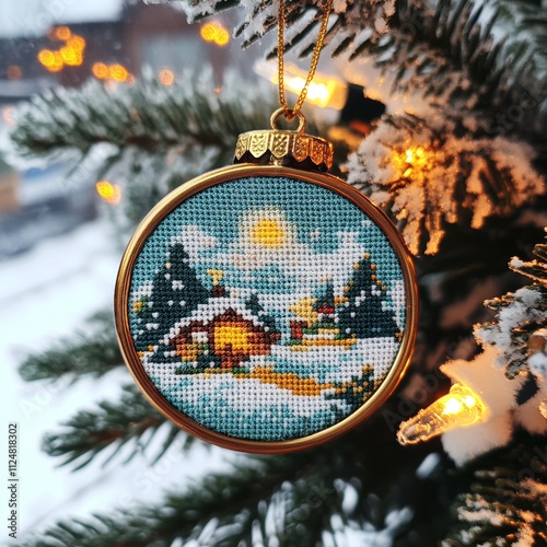 Cross-stitch ornament on winter tree. photo