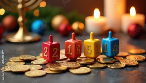 Dreidels and Gelt Coins Arranged in a Festive Hanukkah-Themed Layout. photo