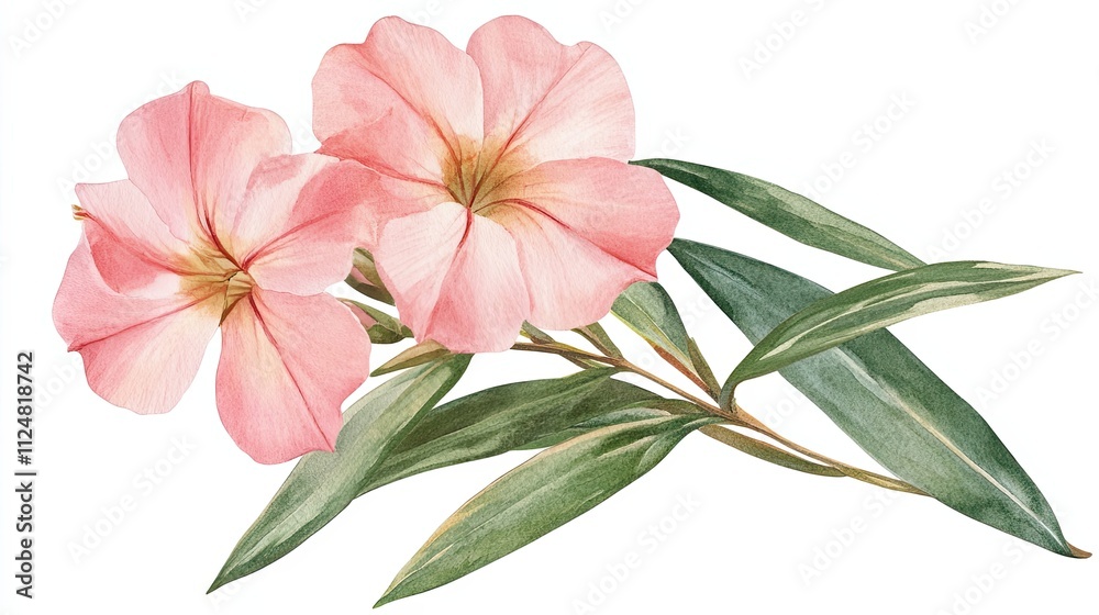 Fototapeta premium Delicate Pink Flowers with Lush Green Leaves