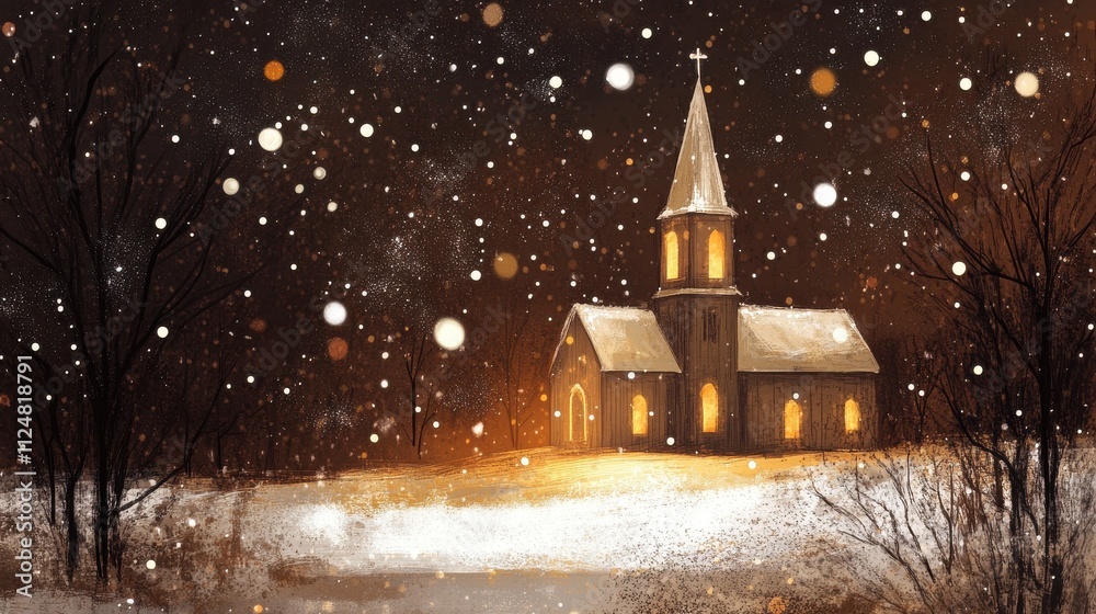 Fototapeta premium Snowy night scene with a church glowing warmly.