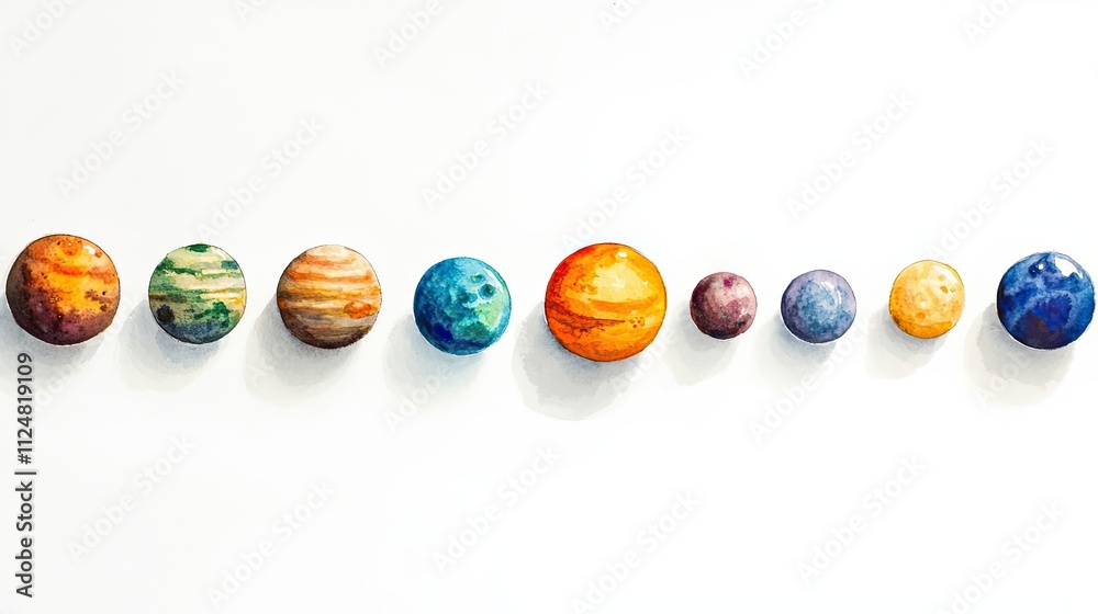 Watercolor Painting of Planets in a Row Watercolor Painting of Planets in a Row