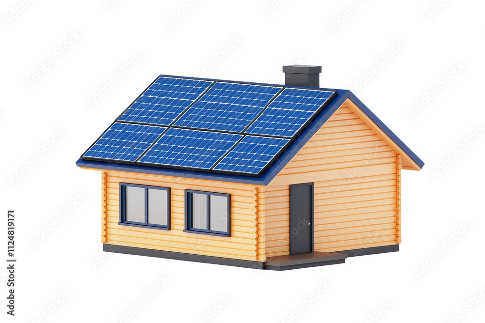 A small wooden house with solar panels on the roof and a chimney.