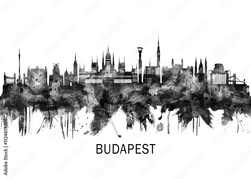 Naklejka premium Budapest Hungary Skyline BW ,city landscape banner district business print painting watercolor