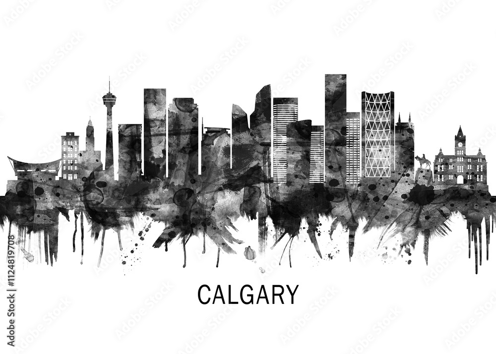 Calgary Canada Skyline BW ,city landscape banner district business print painting watercolor