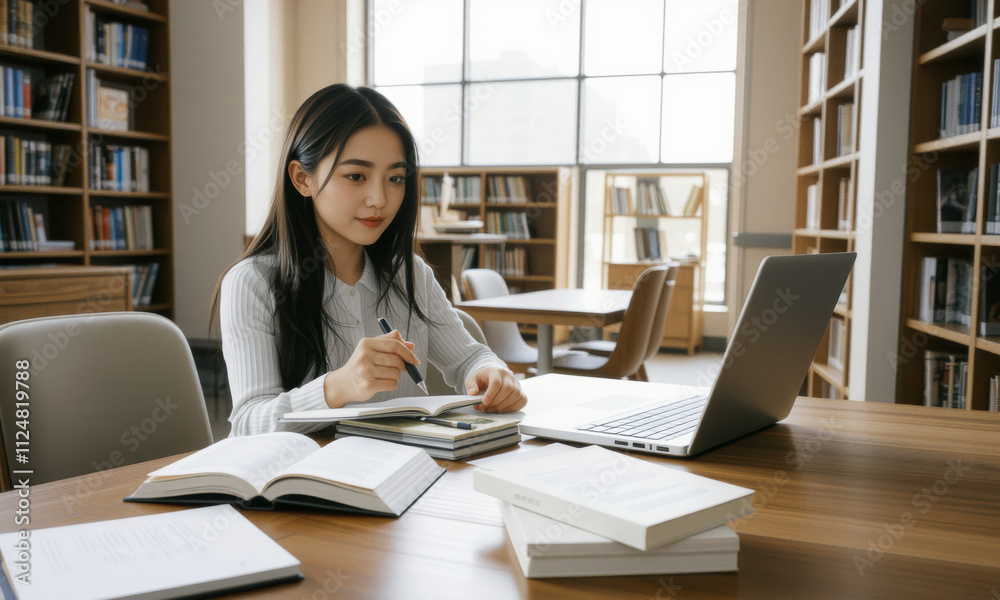 focused Asian university student studying at library with books and laptop. She is taking notes and engaged in her studies, surrounded by shelves of books focused Asian university student studying at library with books and laptop. She is taking notes and engaged in her studies, surrounded by shelves of books