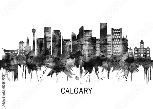 Obraz na płótnie Calgary Canada Skyline BW ,city landscape banner district business print painting watercolor w salonie