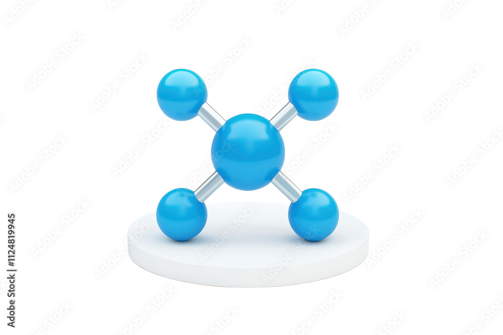 A blue molecular model with connecting rods representing atoms, arranged symmetrically on a circular base. A blue molecular model with connecting rods representing atoms, arranged symmetrically on a circular base.