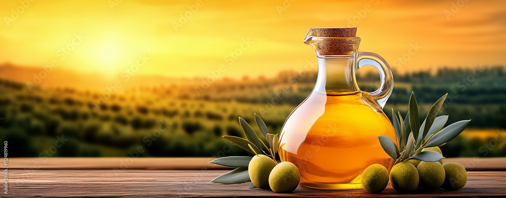 Rustic Glass Bottle of Olive Oil with Fresh Olives and a Vibrant Sunset Backdrop Rustic Glass Bottle of Olive Oil with Fresh Olives and a Vibrant Sunset Backdrop