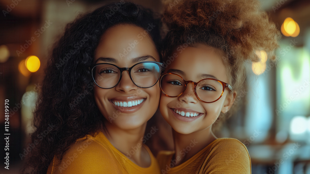 Warm embrace of African American mother and daughter wearing glasses, smiling indoors Warm embrace of African American mother and daughter wearing glasses, smiling indoors