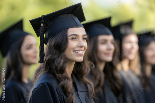 Female graduates in caps and gowns celebrating commencement outdoors