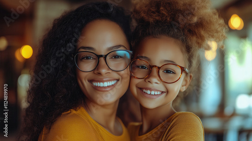 Warm embrace of African American mother and daughter wearing glasses, smiling indoors