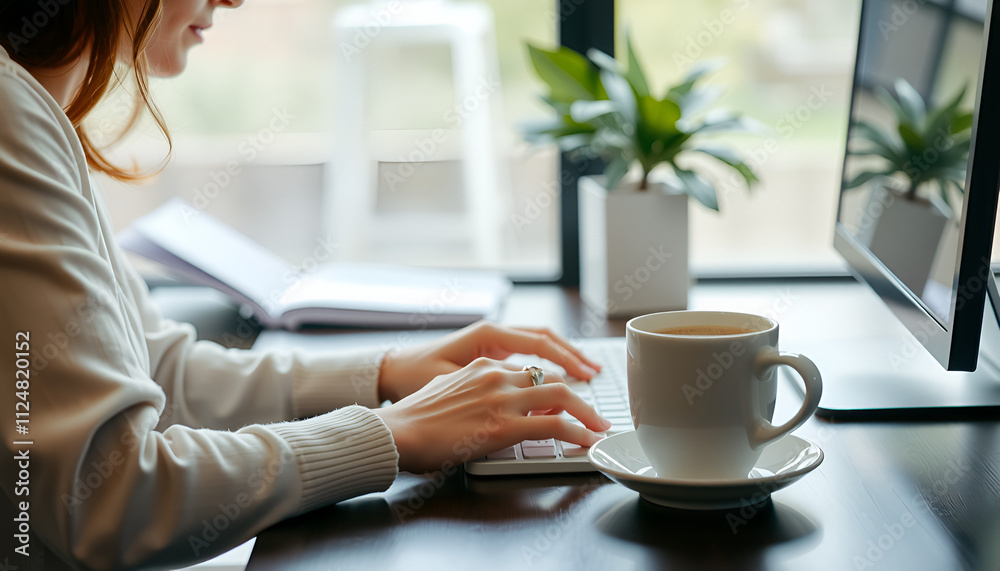 Woman Typing on Computer, Accompanied by Coffee Beside