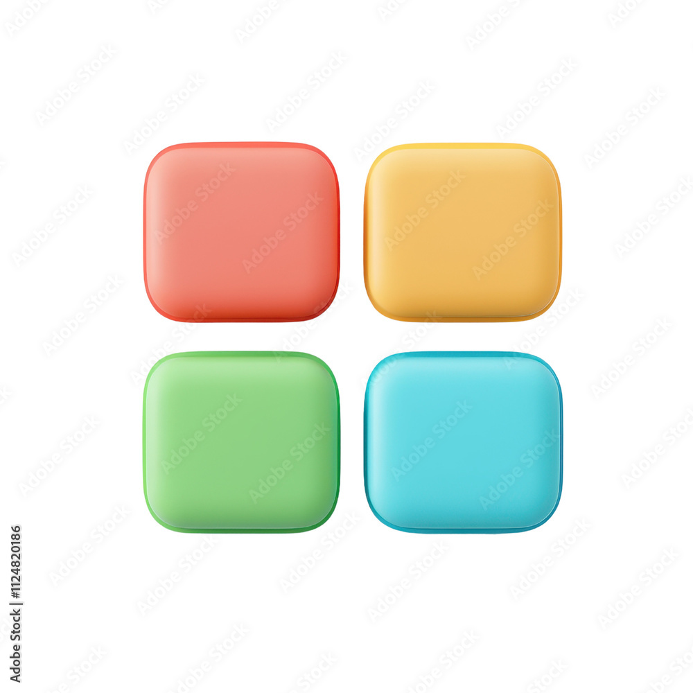 Four colorful, smooth cubes arranged in a square pattern, showcasing bright hues of red, yellow, green, and blue. Four colorful, smooth cubes arranged in a square pattern, showcasing bright hues of red, yellow, green, and blue.