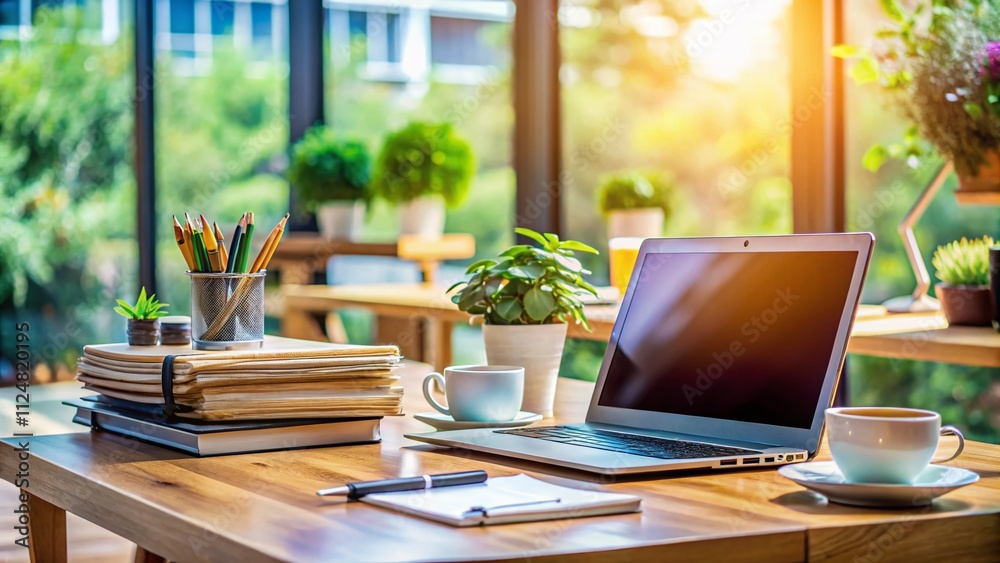 Candid Photography of Document Preparation with Office Supplies, Laptops, and Coffee on a Wooden Desk for Professional Use and Business Efficiency Candid Photography of Document Preparation with Office Supplies, Laptops, and Coffee on a Wooden Desk for Professional Use and Business Efficiency