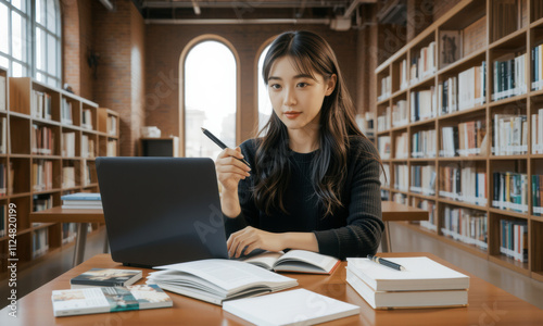 focused Asian university student studies in library, surrounded by books and laptop. She holds pen, ready to take notes and engage with her studies