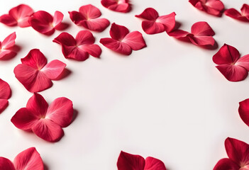red rose petals on white background with copy space for text, flat lay top view pattern frame border design , color pastel