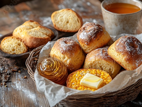 Freshly baked sweet bread rolls, breakfast treats, pastries with butter, morning snacks