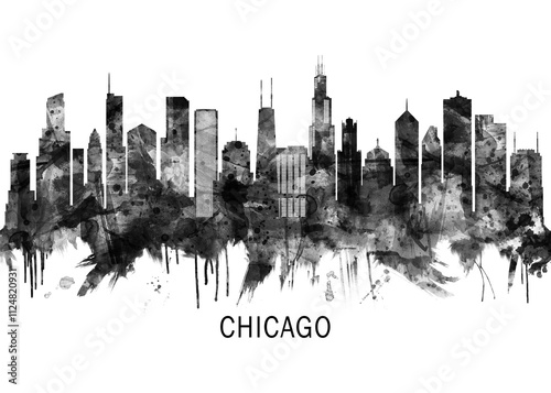 Obraz na płótnie Chicago Illinois Skyline BW, city landscape banner district business print painting watercolor w salonie