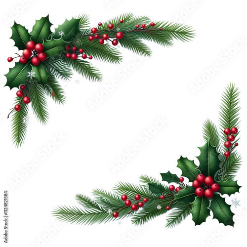 Elegant Christmas Border with Green Fir Branches, Holly, and Red Berries – PNG Transparent Background for Festive Designs