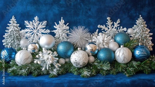 Blue and white Christmas decor with ornaments, snowflakes, and fir branches arranged on a rich blue background