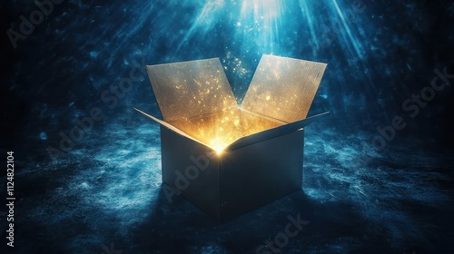 Cardboard box emits enchanting golden sparkles inside.