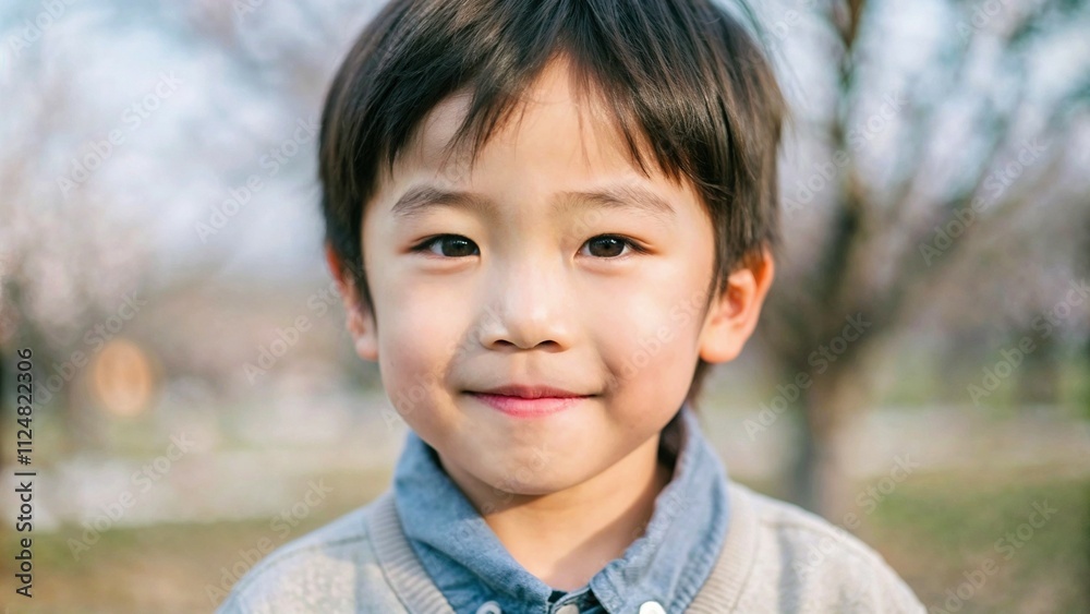 Close-up portrait of a small Japanese boy against the backdrop of a blooming garden Close-up portrait of a small Japanese boy against the backdrop of a blooming garden