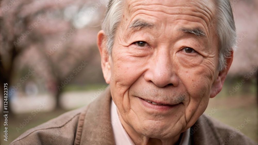 Close-up of an elderly Japanese man against the backdrop of a blooming park Close-up of an elderly Japanese man against the backdrop of a blooming park