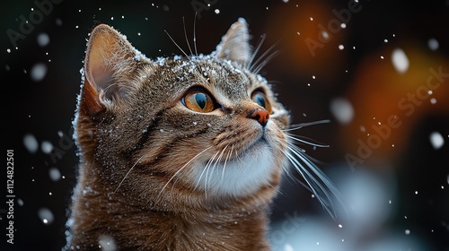 This adorable cat watches snowflakes dance in the air, its fur lightly dusted with delicate snow, creating a charming winter moment
