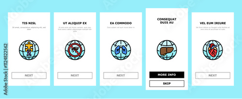 international day holidays onboarding mobile vector family children, tolerance and yoga, water food, cancer diabetes, mental health international day holidays illustrations