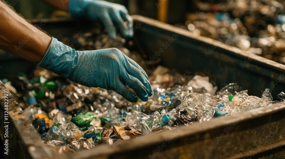 Obraz premium Gloved Hands Sorting Recyclable Waste Into Designated Bins for Eco Friendly Recycling and Disposal