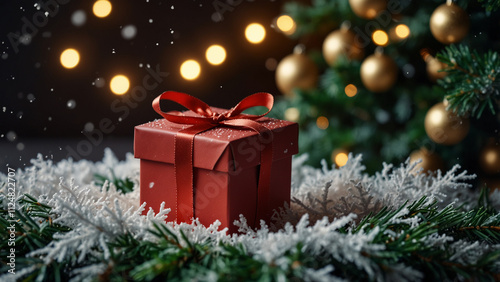 Close shot of beautiful Christmas decorations and giftbox hanging on the Christmas tree with falling snowflakes. 04.