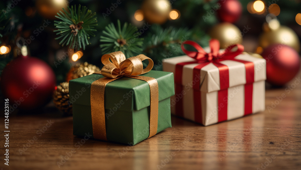 Close shot of mini gifts on the background of Christmas tree branches with decorations close up, Christmas background. 05.