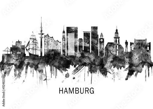 Hamburg Germany Skyline BW, city landscape banner district business print painting watercolor #1124823187